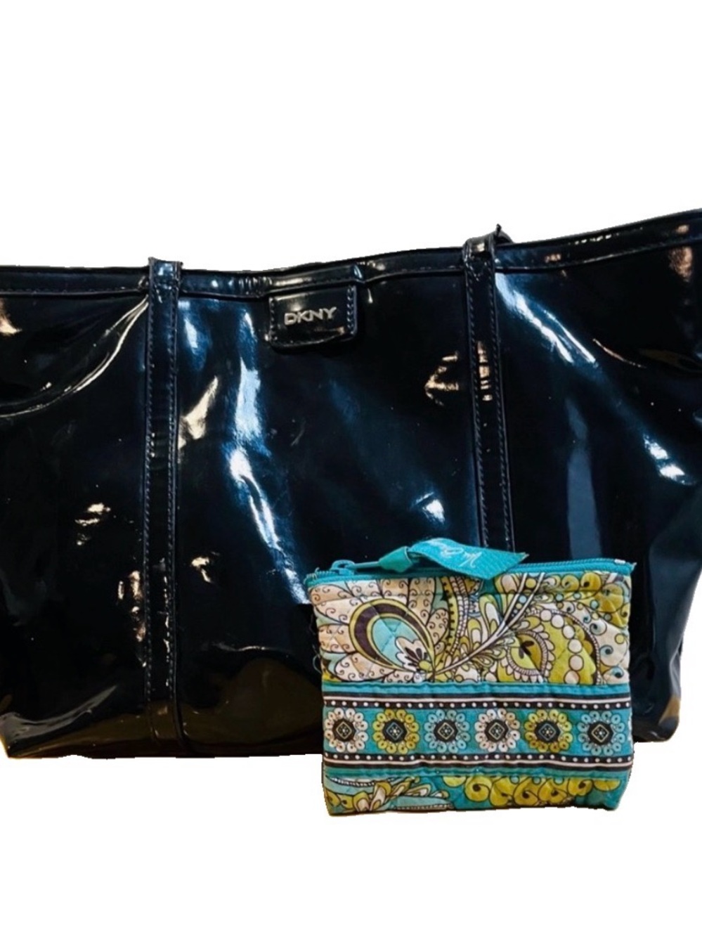 DKNY Black Patent Leather Bag & Vera Bradley Peacock Pouch